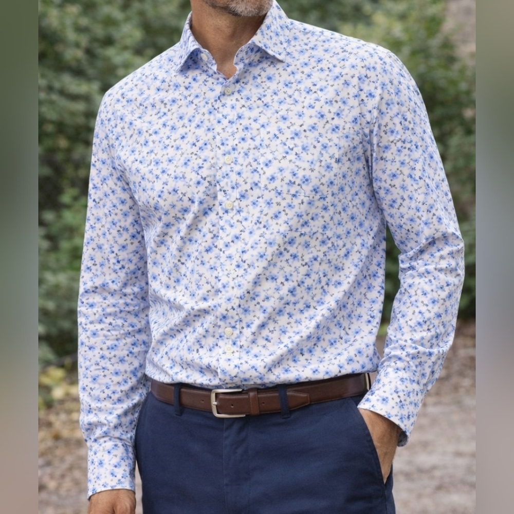 Samuelsohn Blue Floral Dress Shirt 15.5 Contemporary Luxury Button Down Mens